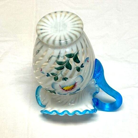 Fenton 90th Spiral French Opal Pitcher Blue Handle Ruffle Rim Poppy Art Glass - Picture 8 of 10